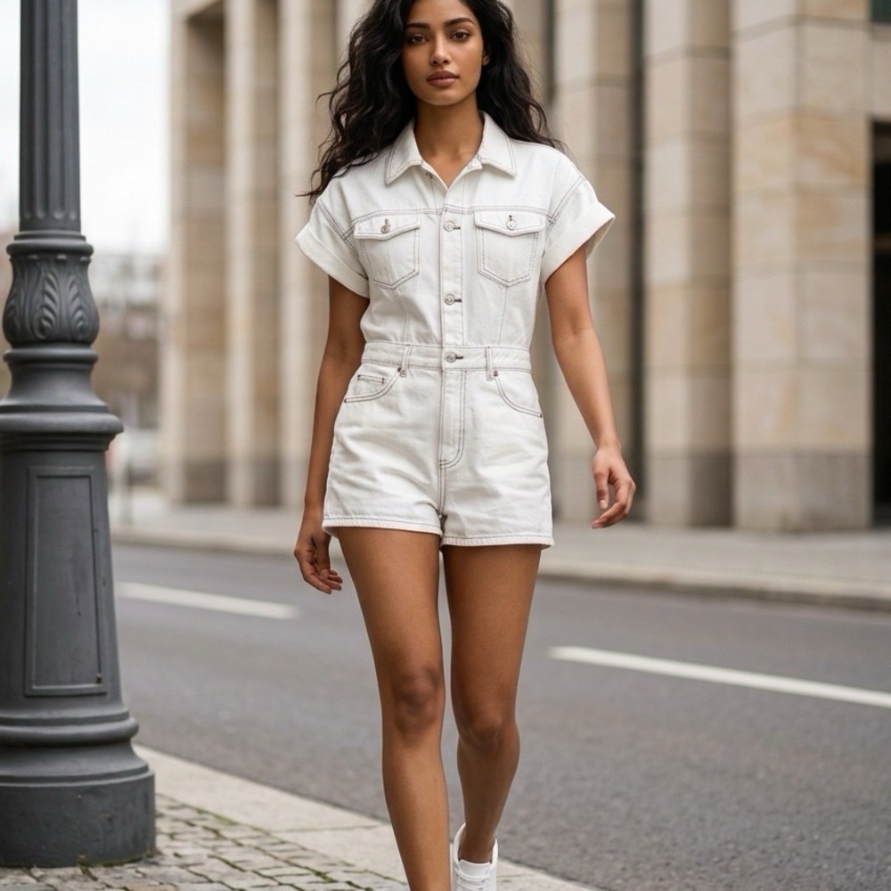 Zara White Denim Short Romper  Womens medium
